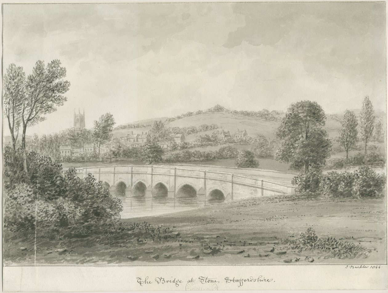 Sten - bro över floden Trent: sepiatvättteckning, 1844 av John Buckler