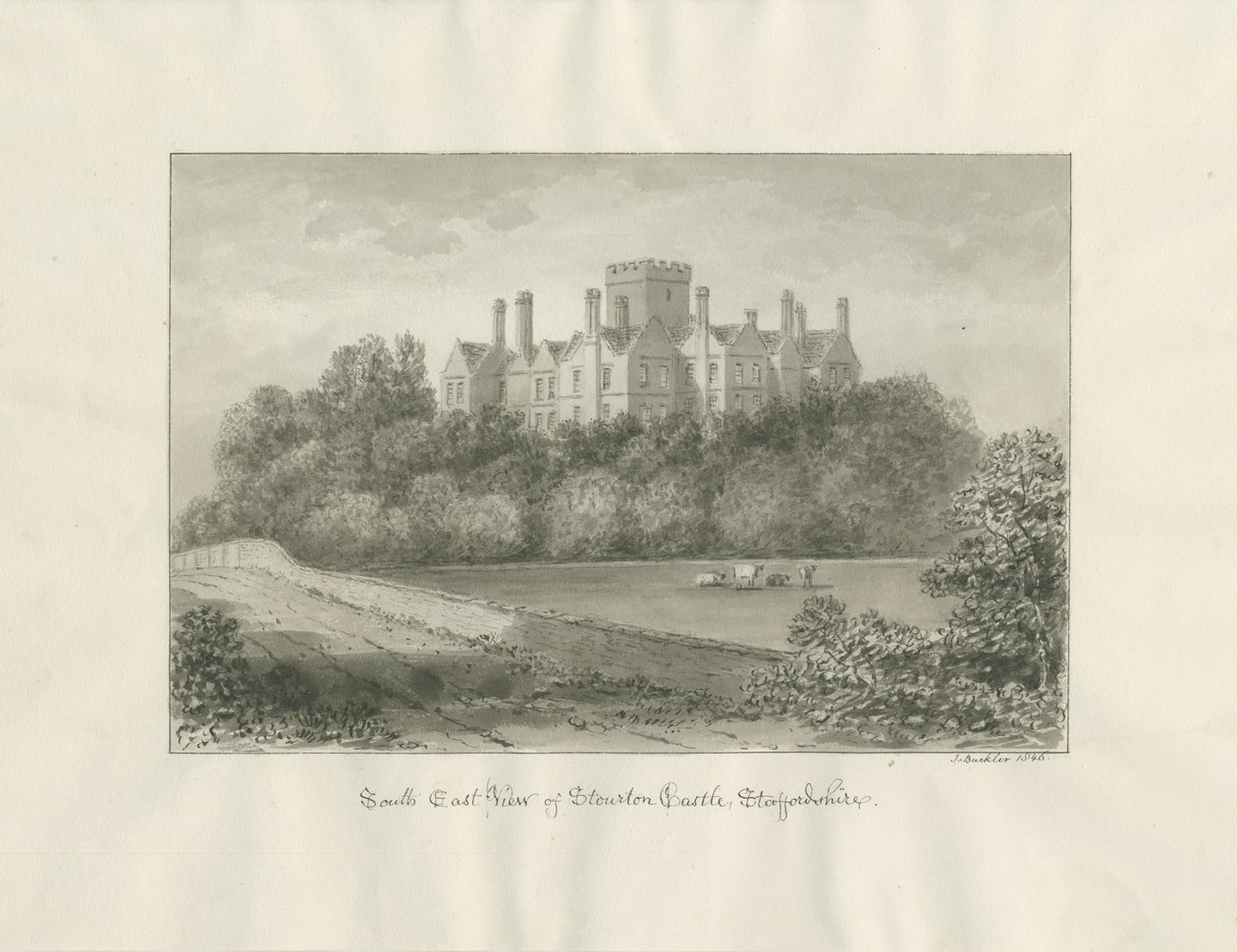Stourton Castle: sepiatvättteckning, 1846 av John Buckler