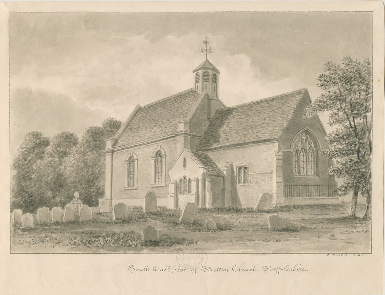 Stretton Church: sepiateckning, 1842 av John Buckler