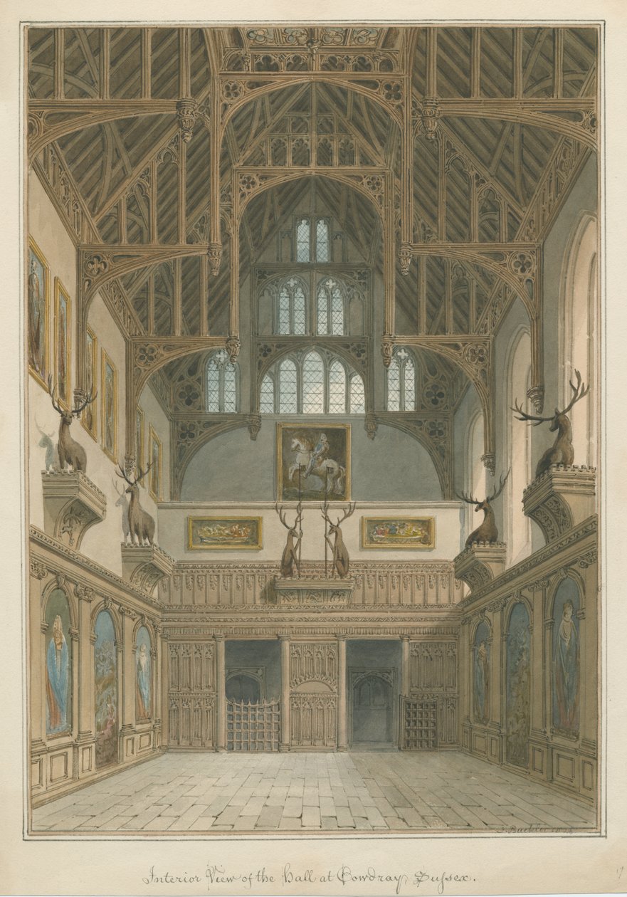 Sussex - Cowdray House - Inredning av Hall av John Buckler