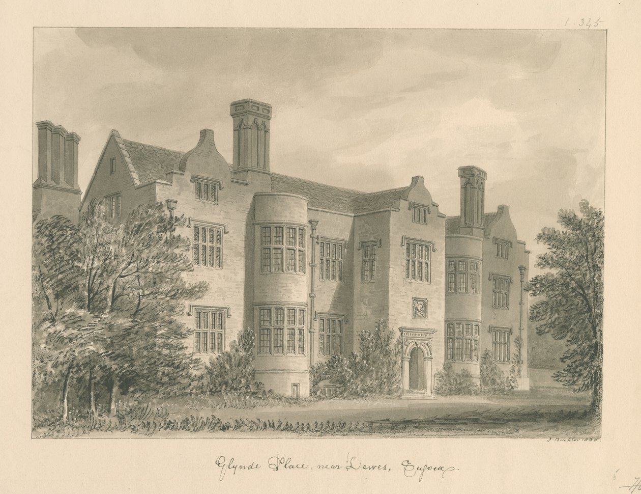 Sussex - Lewes - Glynde Plats: sepiateckning, 1830 av John Buckler