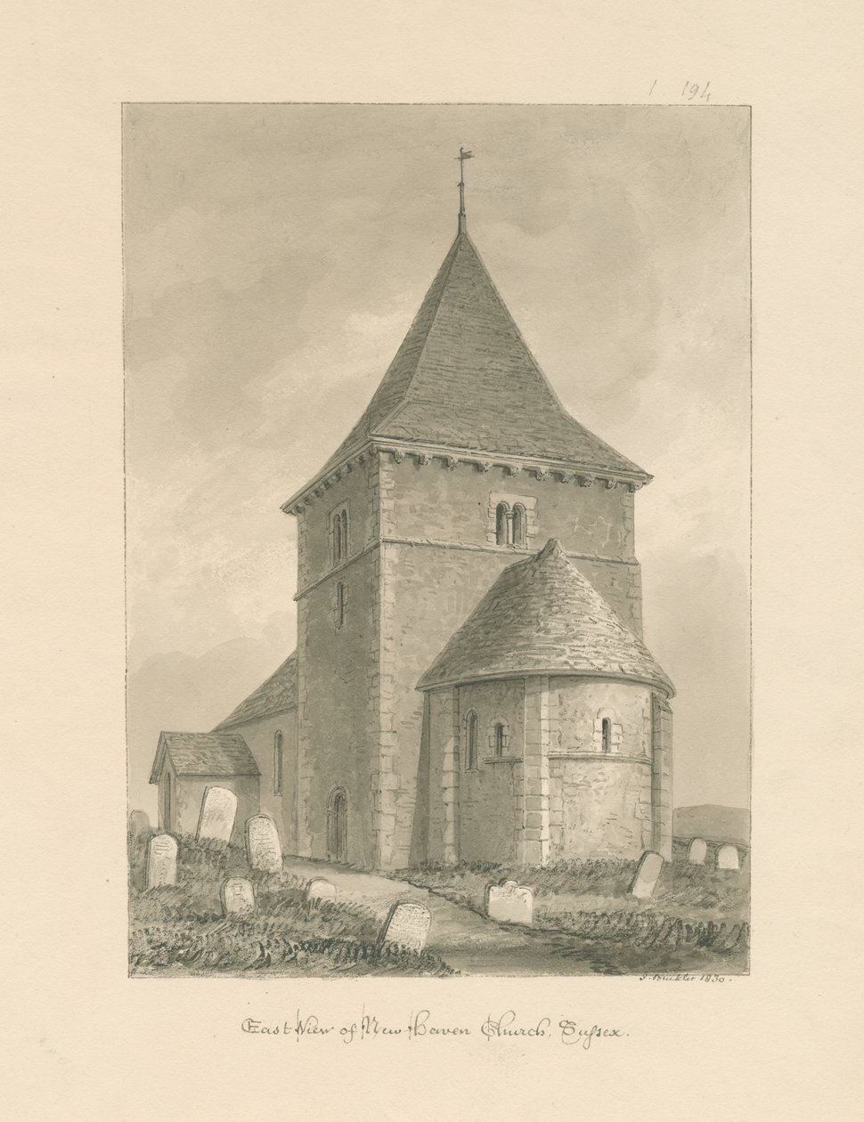Sussex - Newhaven Church: sepiateckning, 1830 av John Buckler