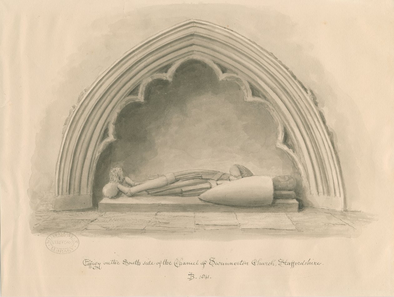 Swynnerton Church - Effigy: sepiatvättteckning, 1841 av John Buckler