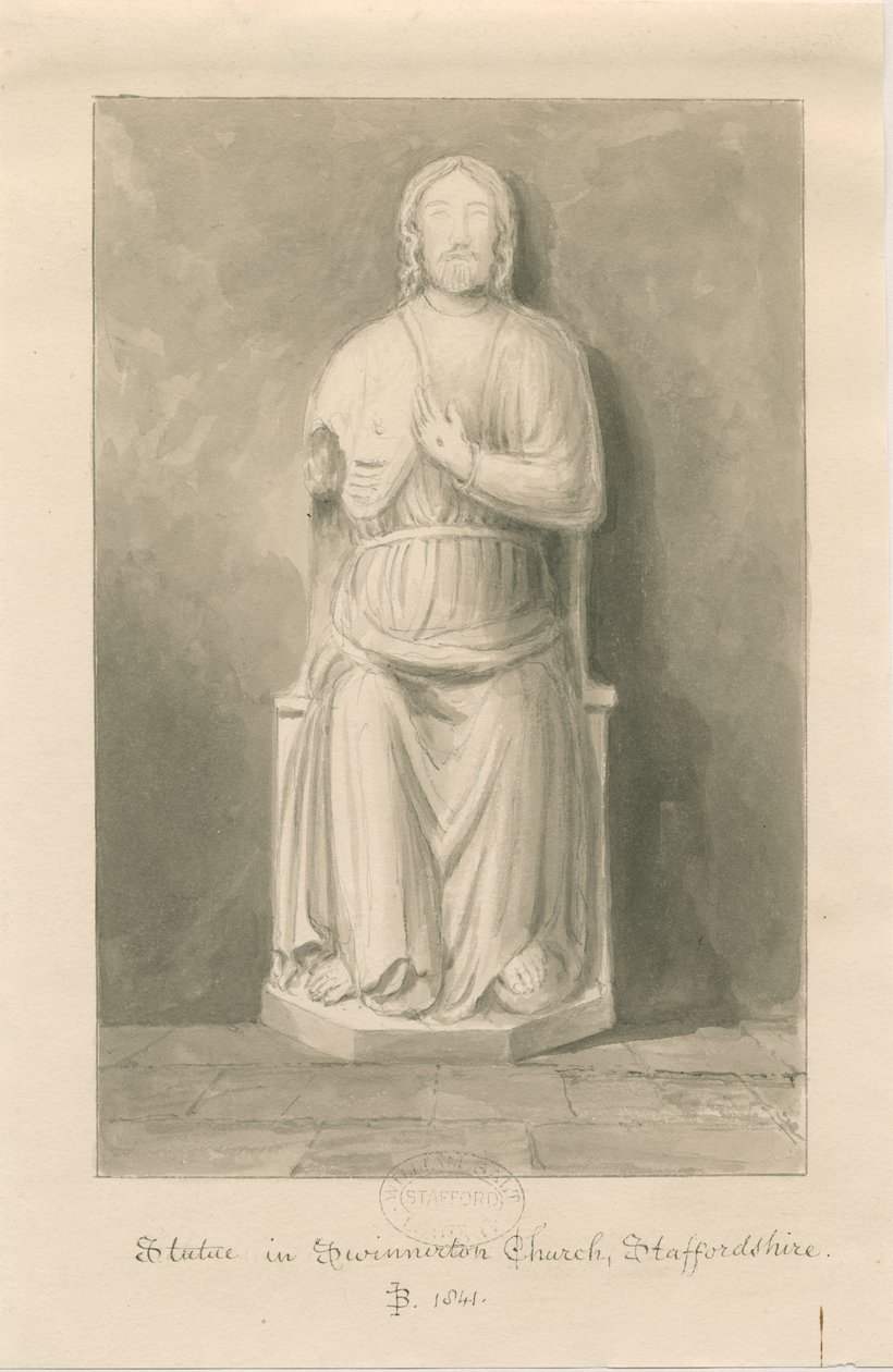 Swynnerton Church - Staty av Jesus Kristus: sepia tvättteckning av John Buckler