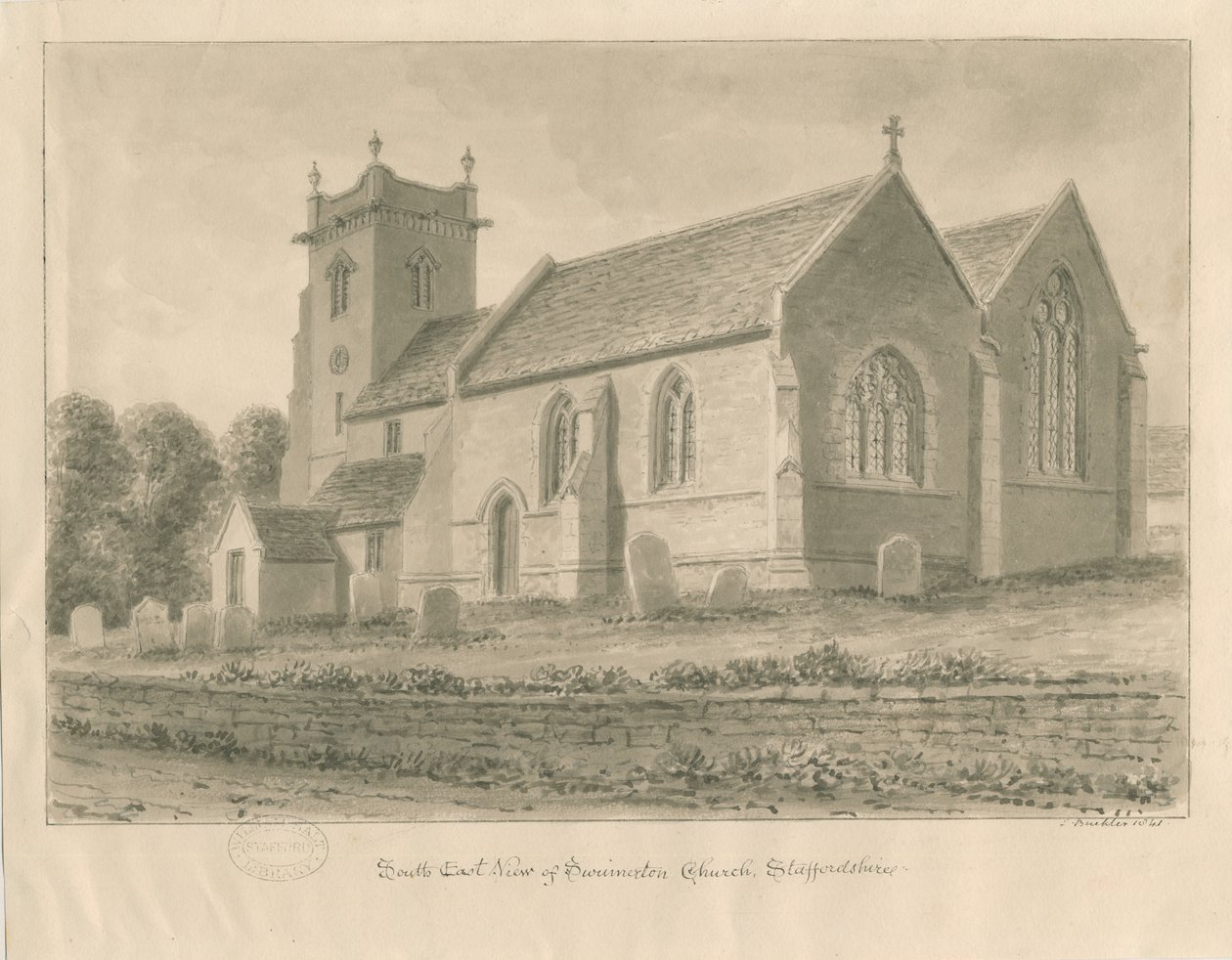 Swynnerton Church: sepiateckning, 1841 av John Buckler