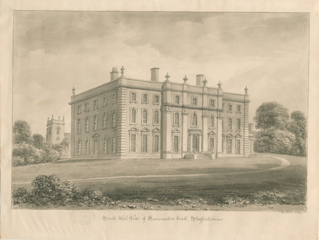 Swynnerton Hall: sepiateckning, 1841 av John Buckler