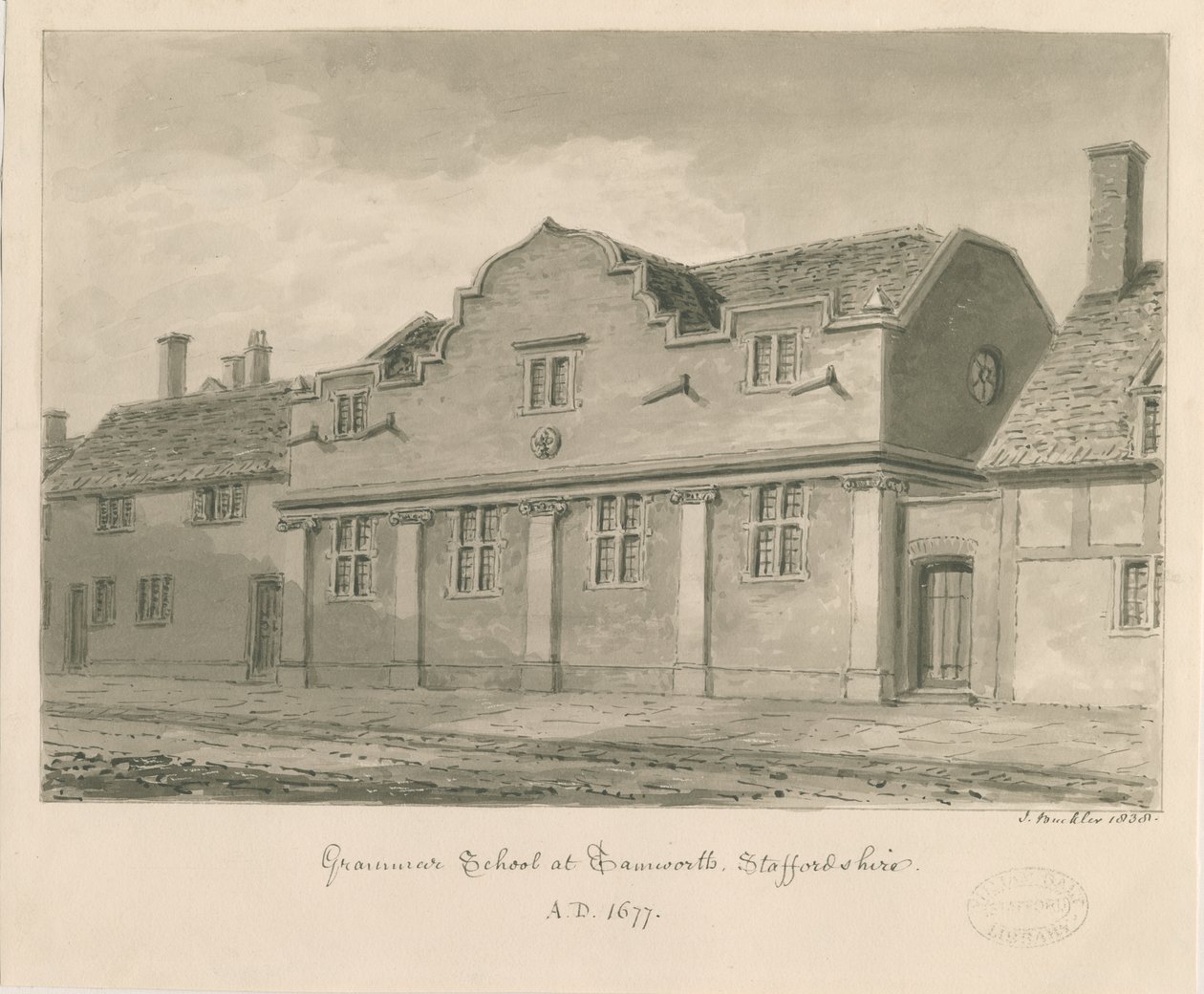 Tamworth - Grammar School: sepiateckning, 1838 av John Buckler