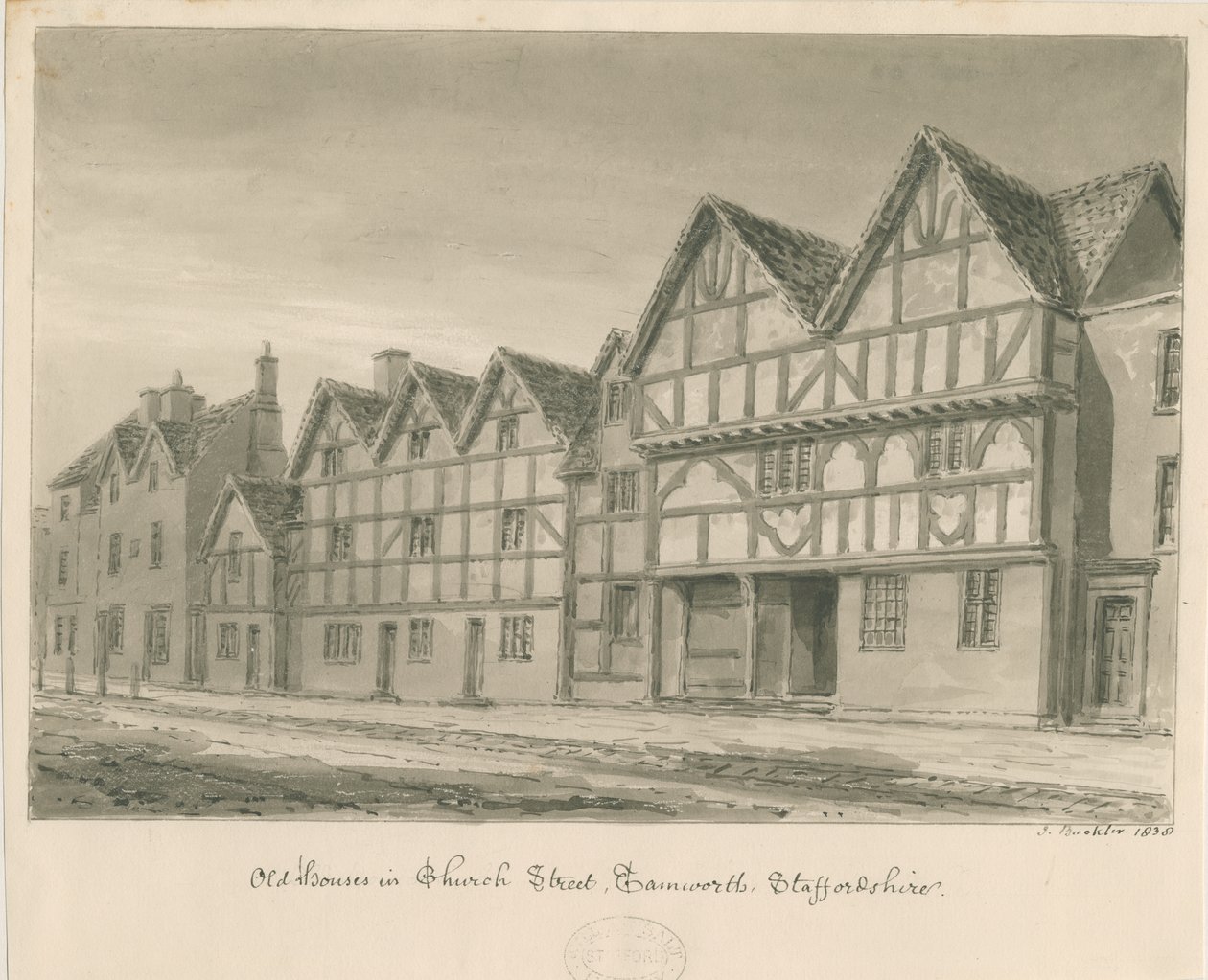 Tamworth - Old Houses in Church Street: sepiatvättteckning, 1838 av John Buckler