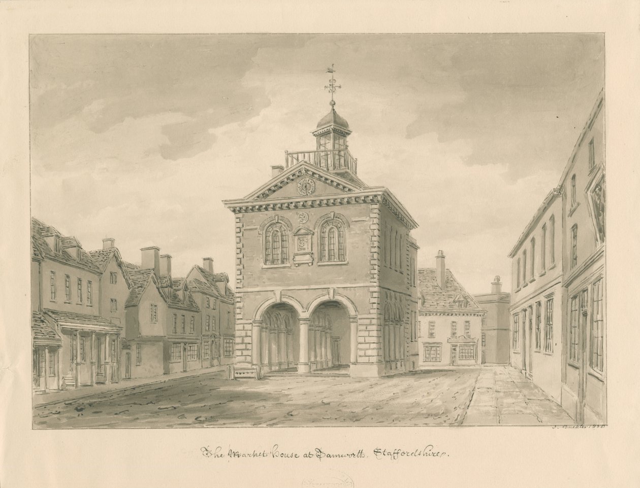 Tamworth - The Market House: sepiateckning av John Buckler
