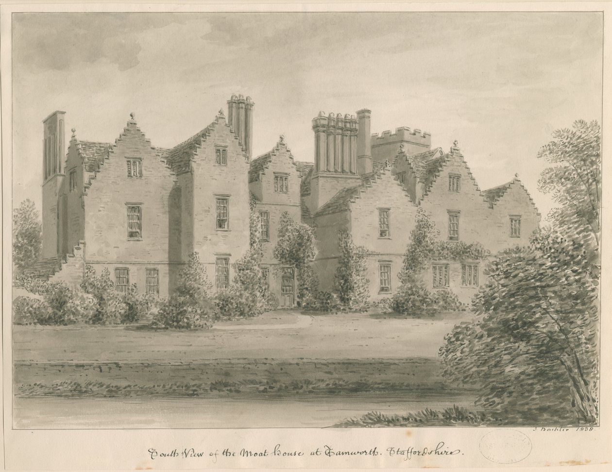Tamworth - The Moat House: sepiateckning av John Buckler