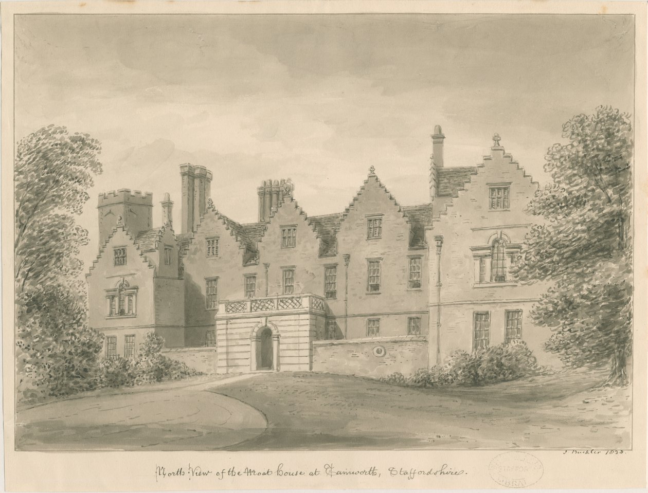 Tamworth - The Moat House: sepiateckning av John Buckler