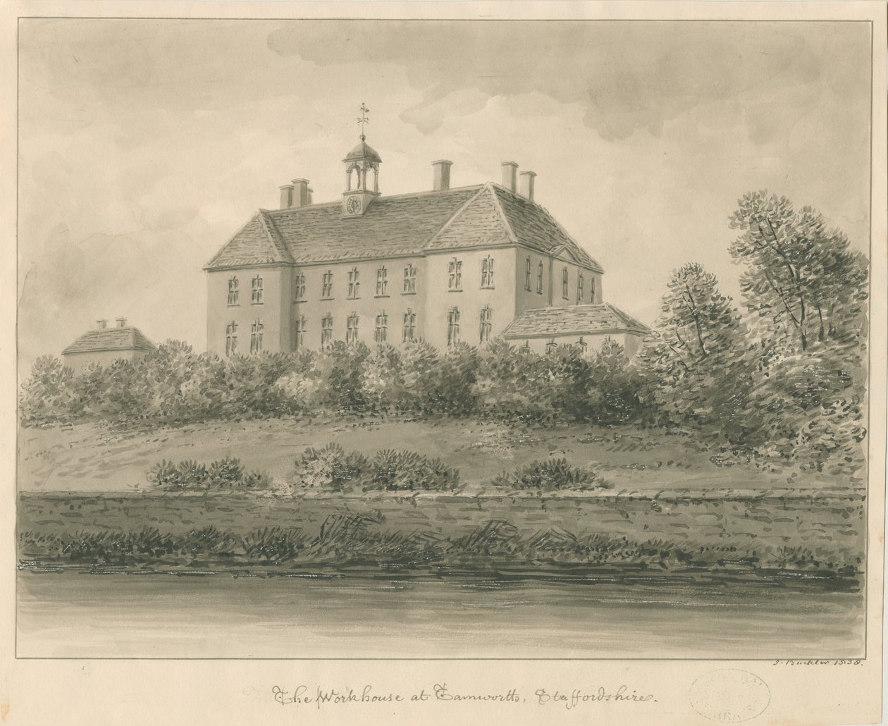 Tamworth - The Workhouse: sepiateckning, 1838 av John Buckler