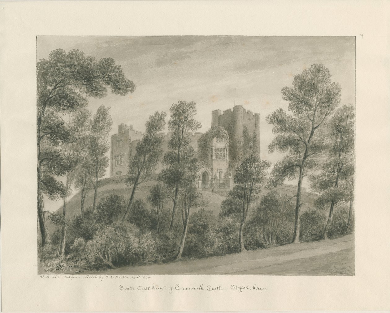 Tamworth Castle: sepiateckning, april 1849 (ritning) av John Buckler