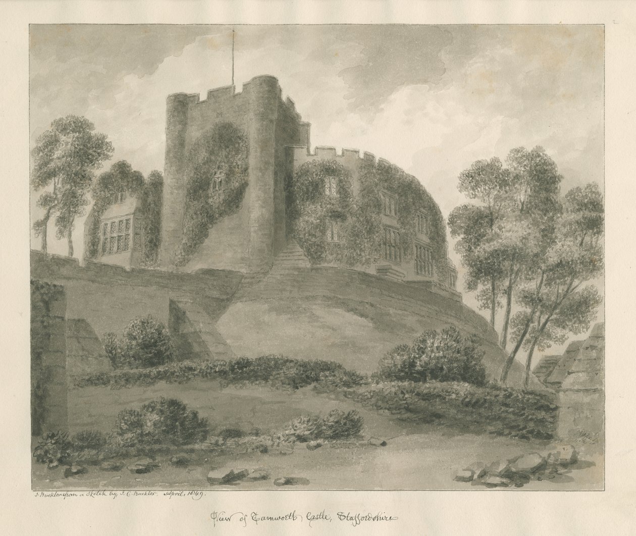 Tamworth Castle: sepiateckning, april 1849 av John Buckler