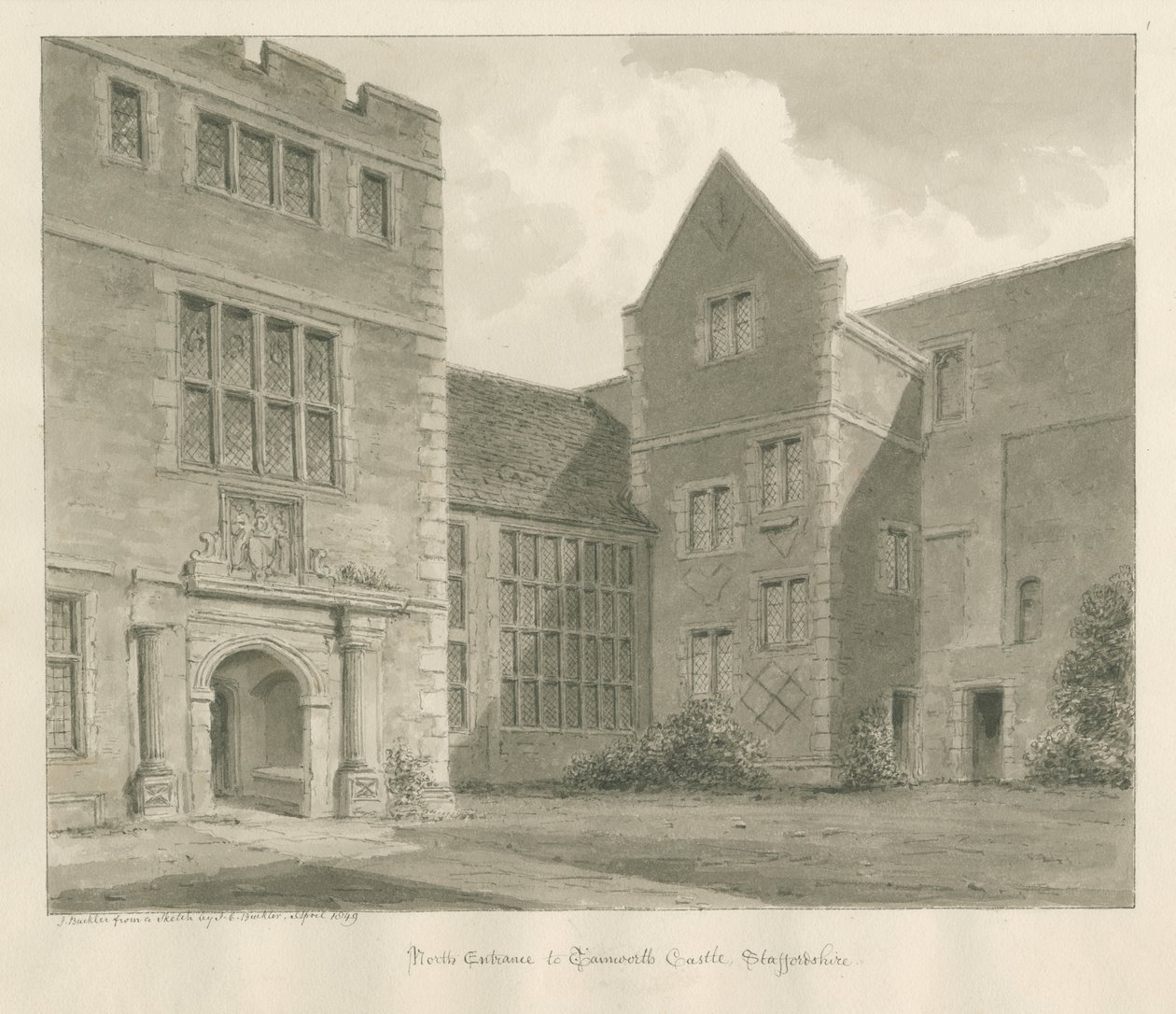 Tamworth Castle: sepiateckning, april 1849 av John Buckler