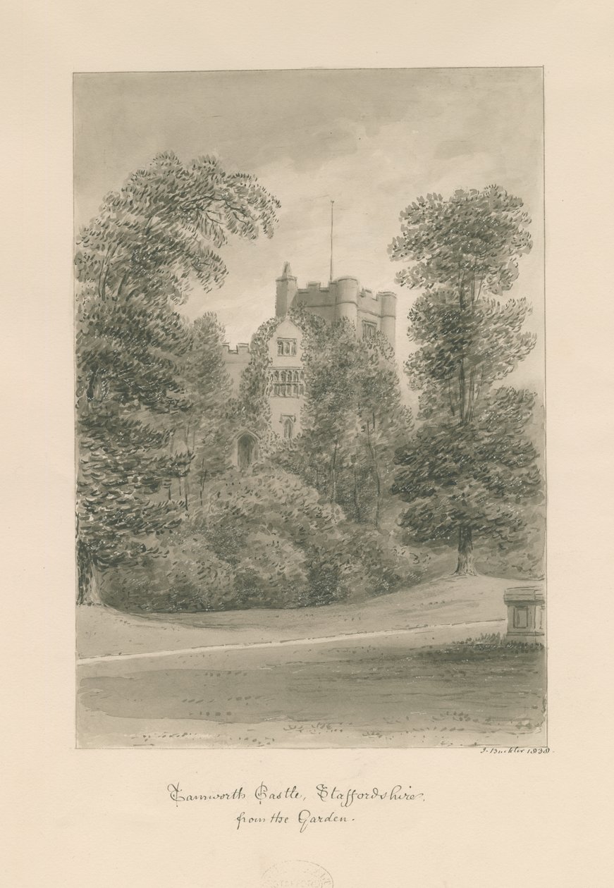 Tamworth Castle: sepiatvättteckning av John Buckler