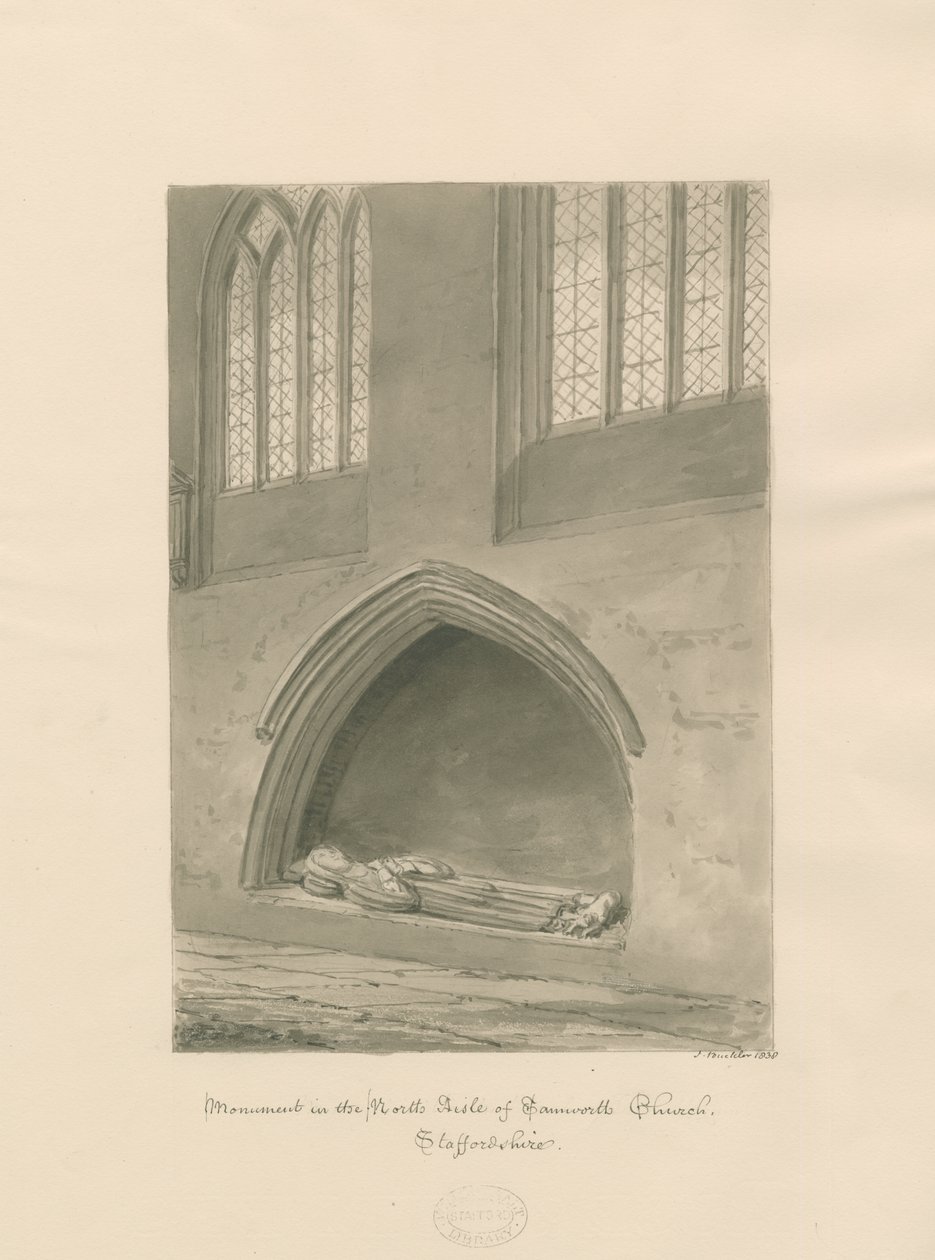 Tamworth Church - Monument av prästen: sepia ritning av John Buckler
