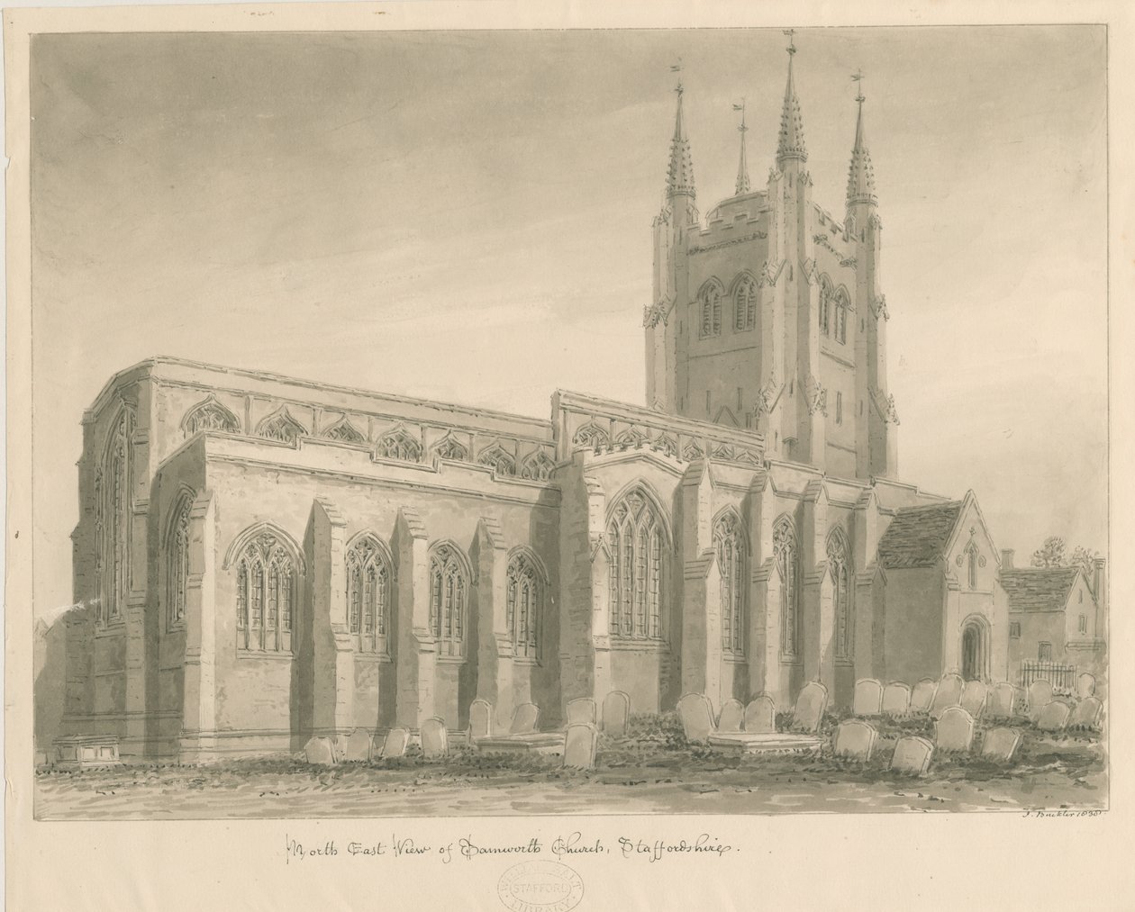 Tamworth Church: sepiateckning av John Buckler