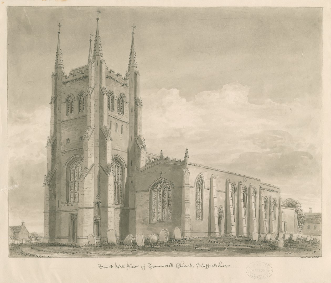 Tamworth Church: sepiateckning av John Buckler