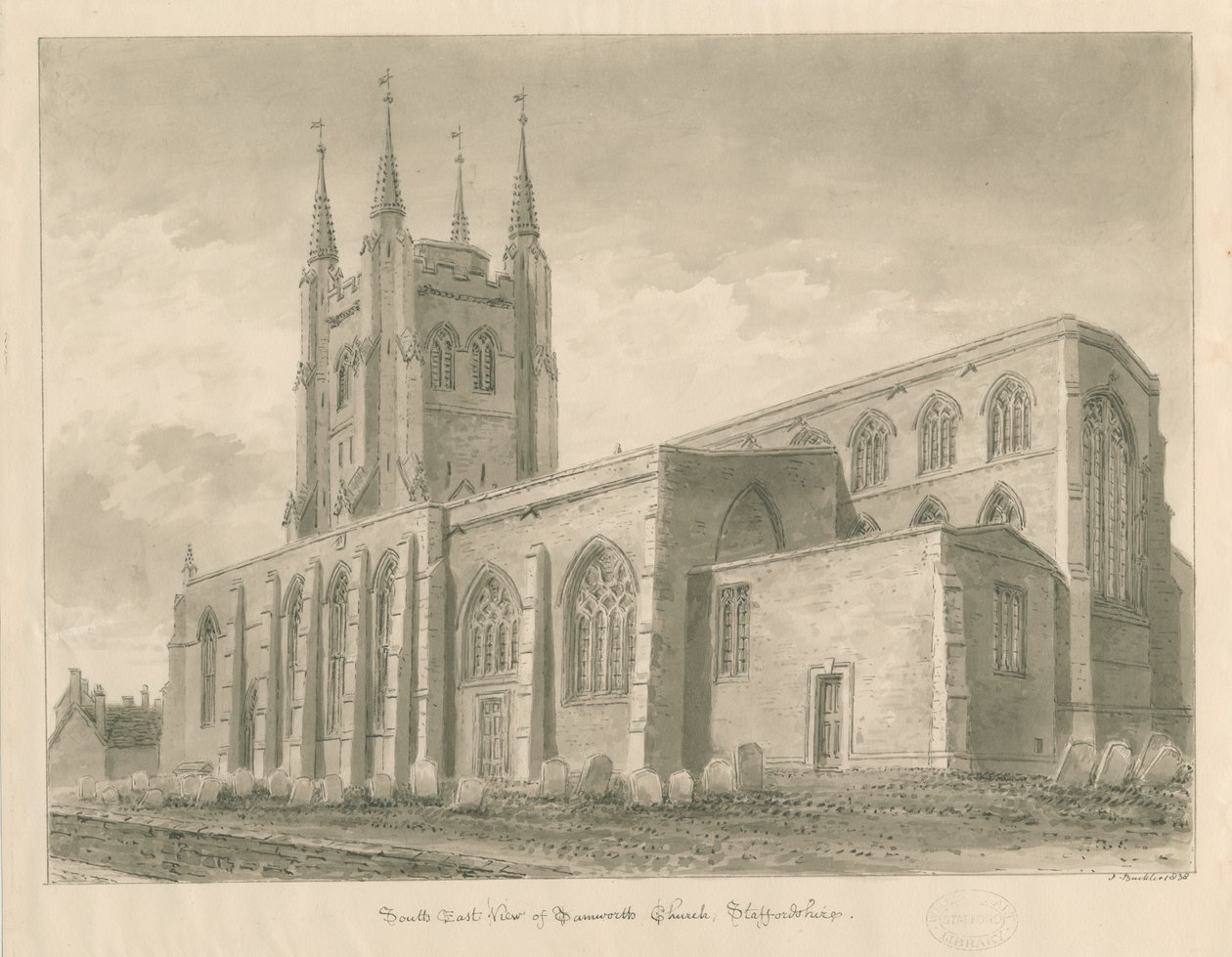 Tamworth Church: sepiatvättteckning av John Buckler