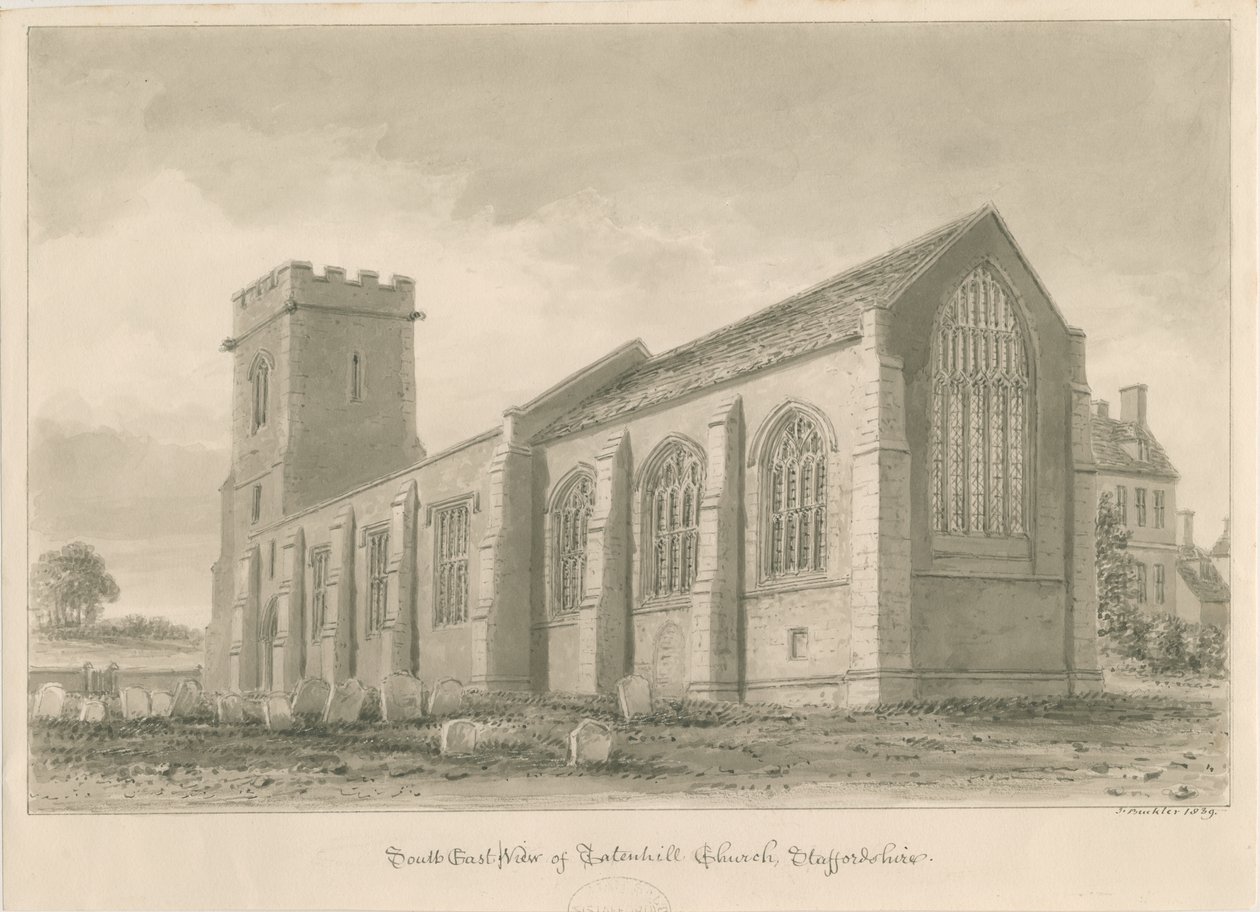 Tatenhill Church: sepiatvättteckning av John Buckler
