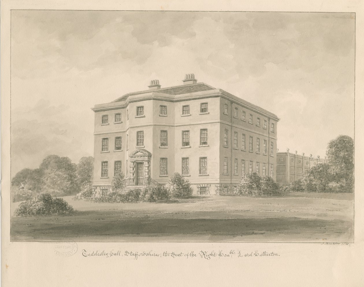Teddesley Hall: sepiatvättteckning, 1841 av John Buckler