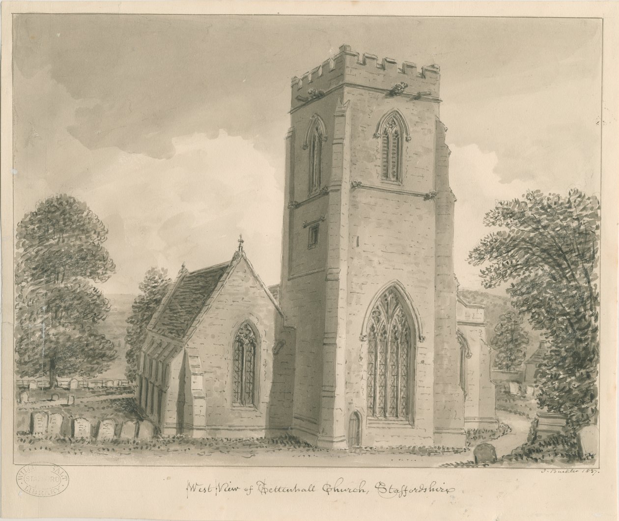 Tettenhalls kyrka: sepiatvättteckning, 1837 av John Buckler