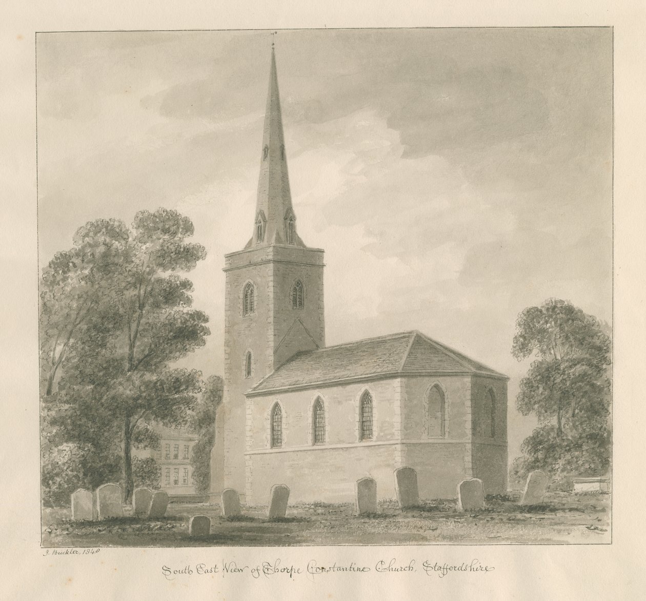 Thorpe Constantine Church: sepiatvättteckning av John Buckler