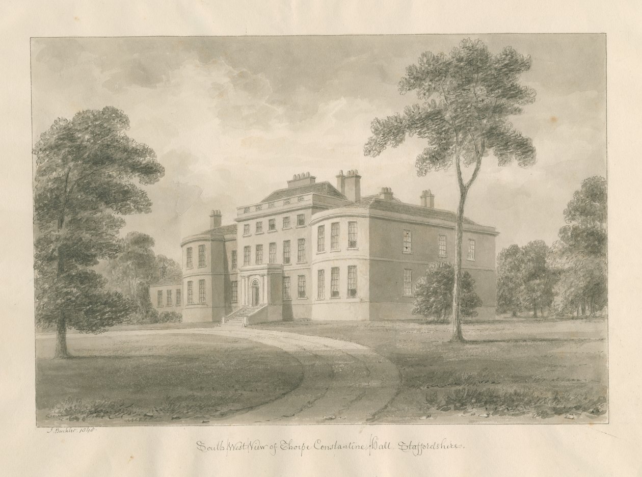 Thorpe Constantine Hall: sepiatvättteckning, 1848 av John Buckler