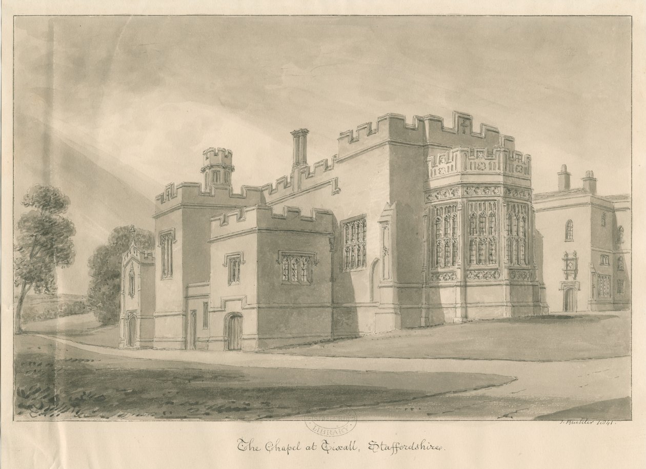 Tixall - Kapell i Tixall Hall: sepiatvättteckning, 1841 av John Buckler