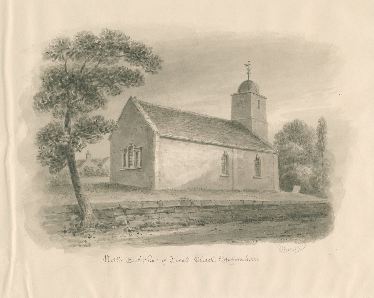 Tixall kyrka: sepia tvätt ritning, nd [?1841] av John Buckler