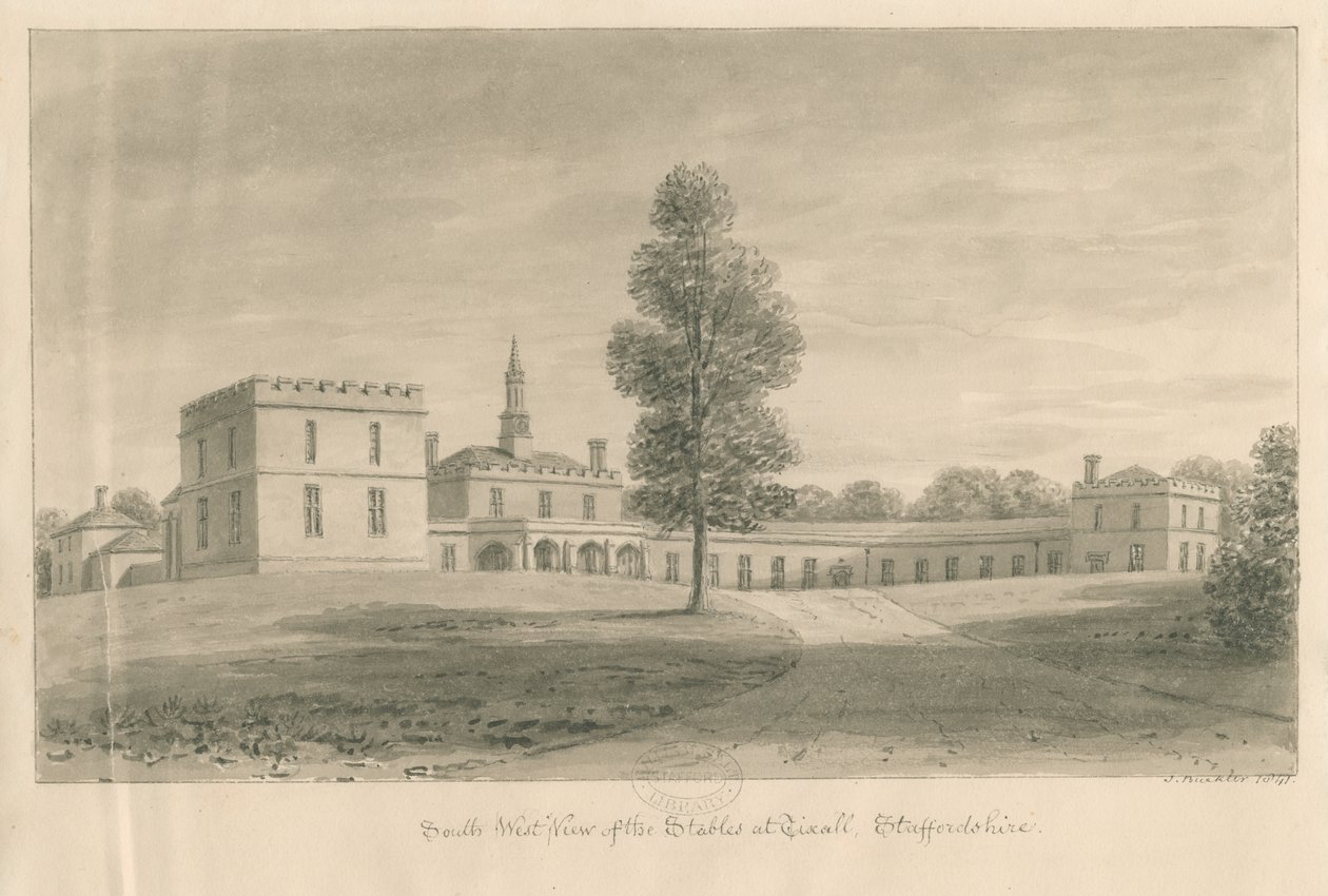 Tixall Hall - Stall: sepiateckning, 1841 av John Buckler