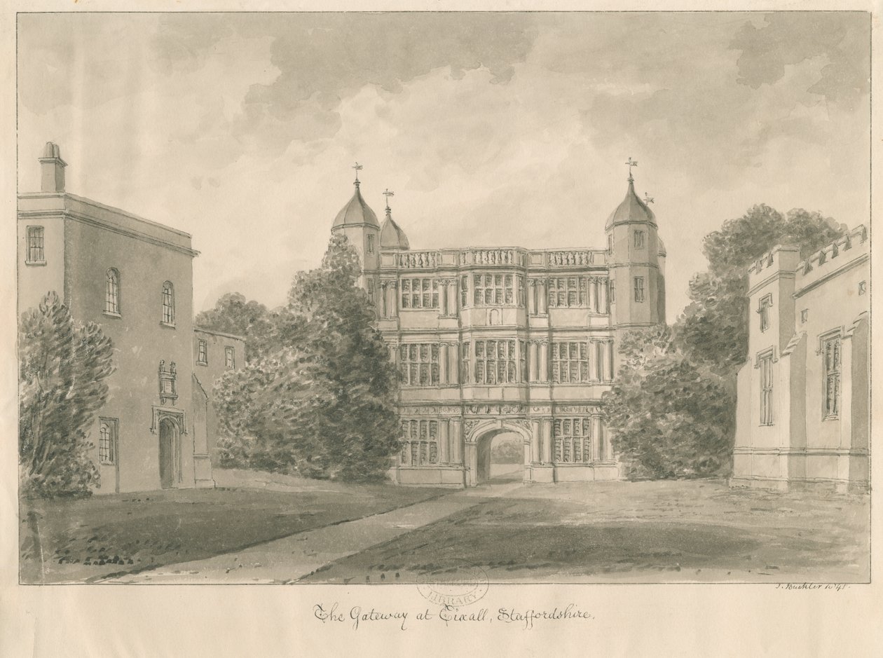 Tixall Hall and Gatehouse: sepiateckning, 1841 av John Buckler