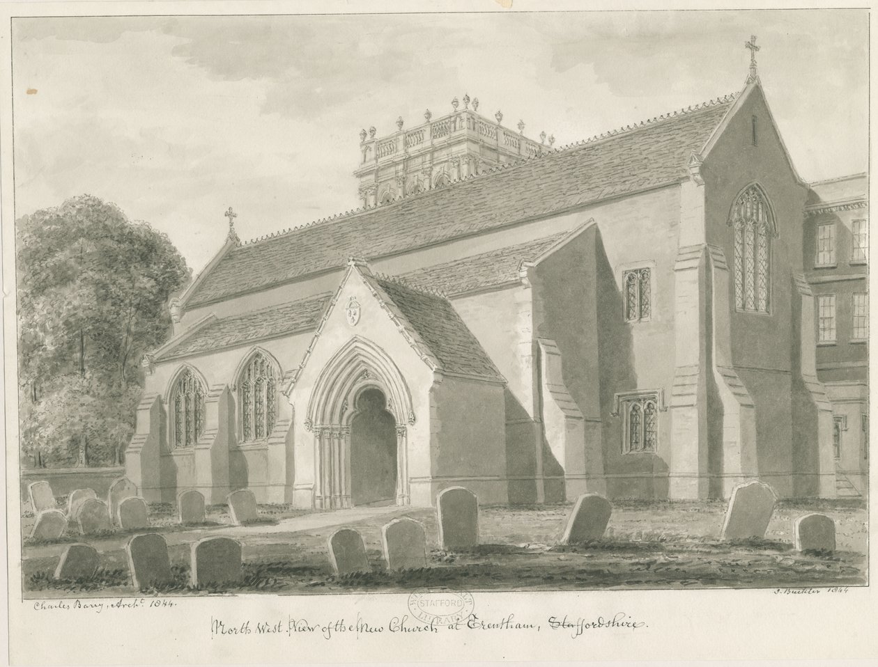 Trentham - New Church: sepiateckning, 1844 av John Buckler