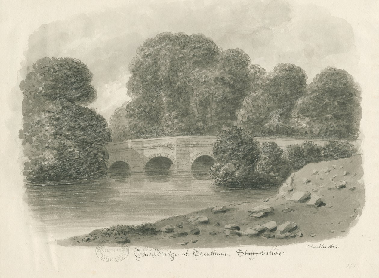 Trentham Hall - Bridge: sepiatvättteckning, 1844 av John Buckler