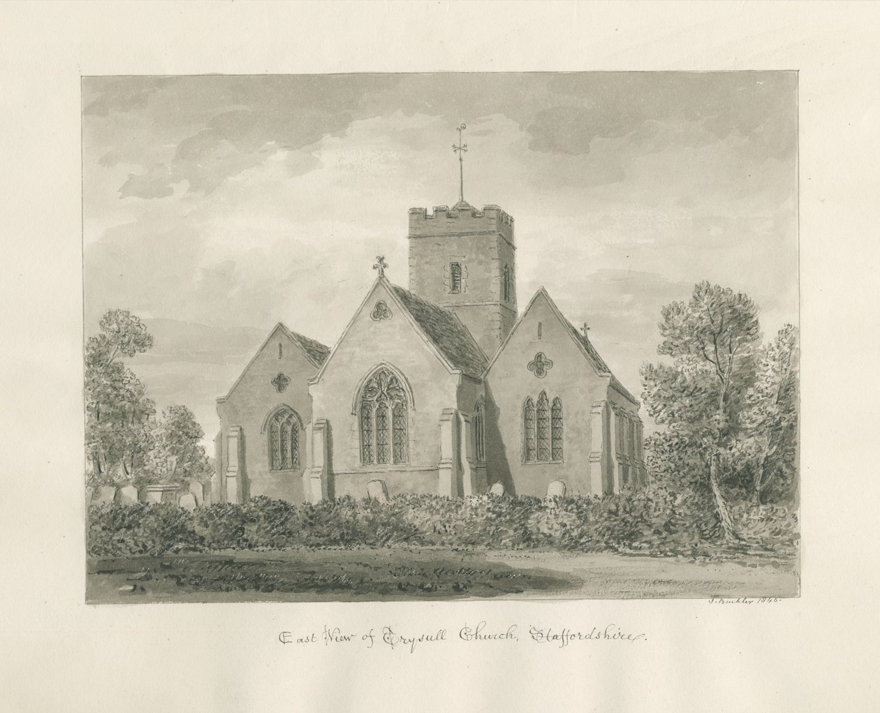 Trysulls kyrka: sepiatvättteckning, 1846 av John Buckler