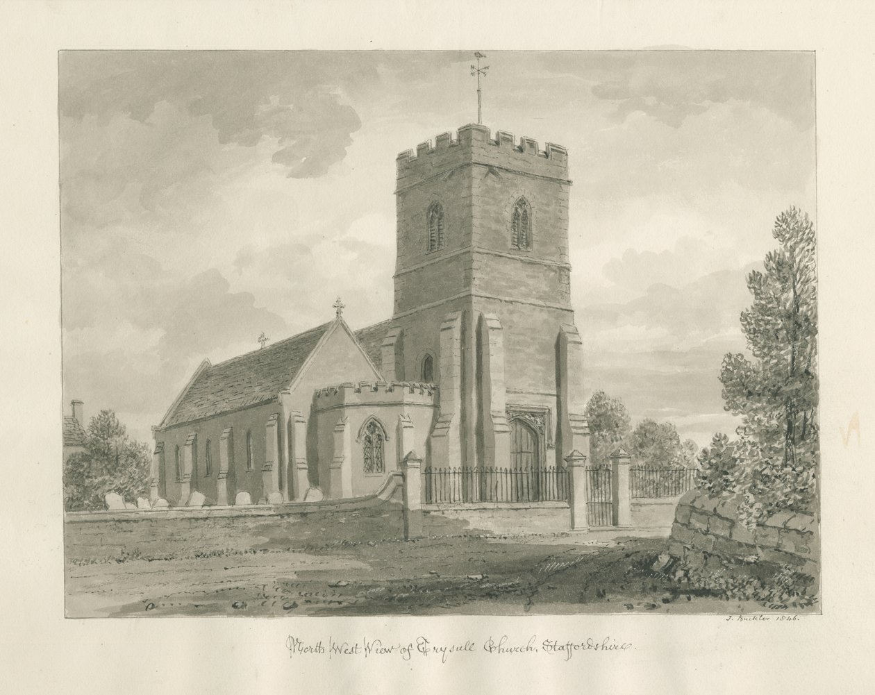 Trysulls kyrka: sepiatvättteckning, 1846 av John Buckler