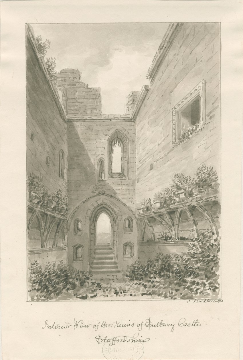 Tutbury Castle - Ruinernas inre: sepiatvättteckning av John Buckler