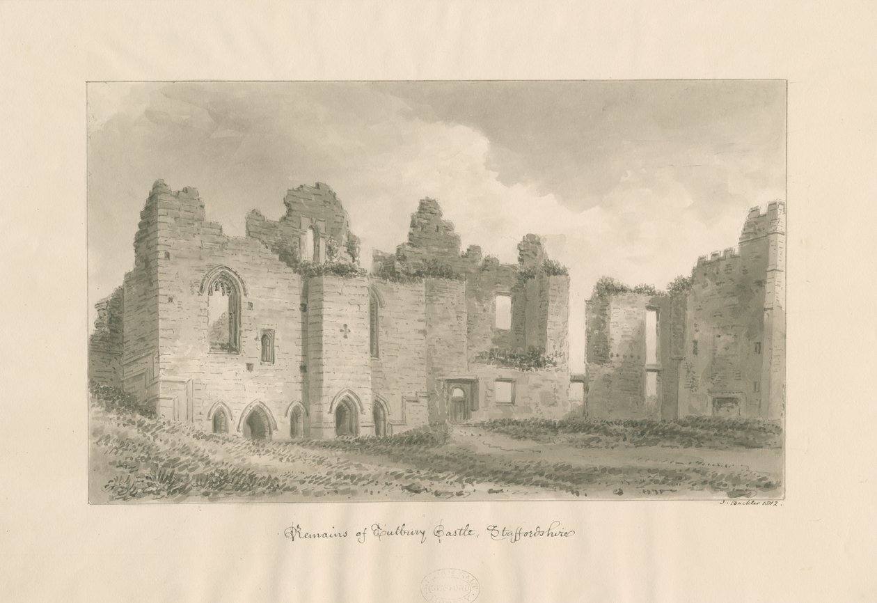 Tutbury Castle - Remains from Inner Courtyard: sepiatvättteckning, 1812 av John Buckler