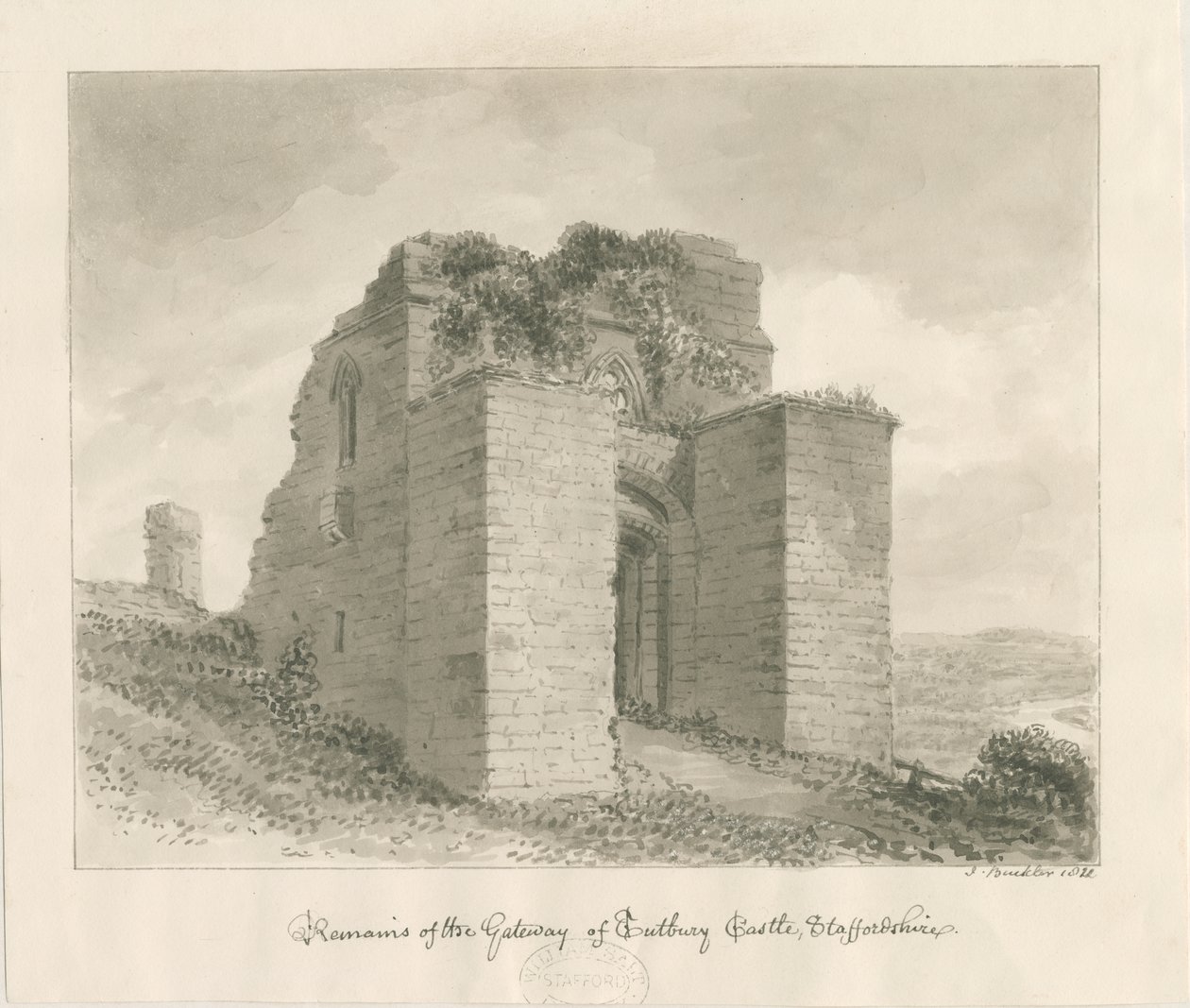 Tutbury Castle - Remains of the Gateway: sepiatvättteckning av John Buckler
