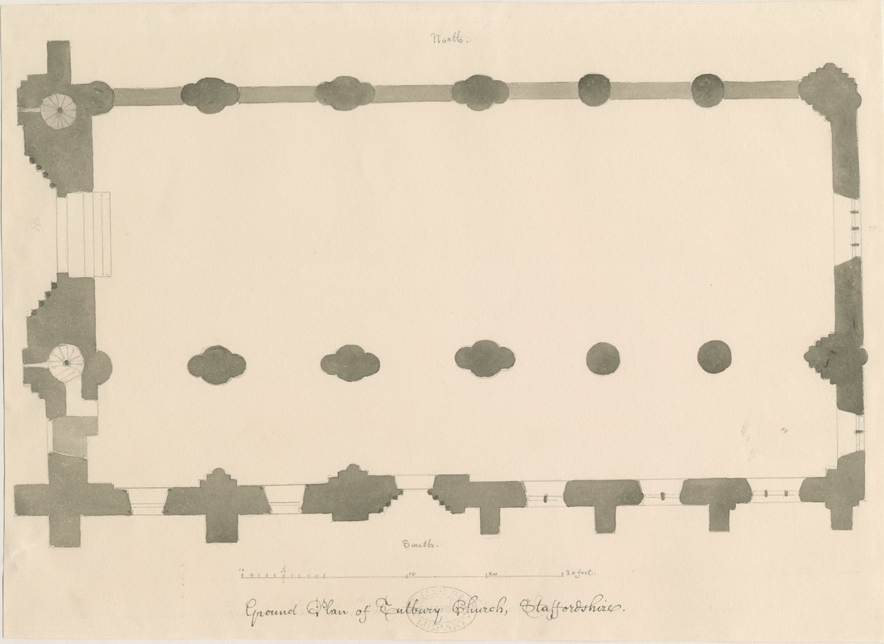 Tutbury Priory Church - Plan: blyerts- och sepiateckning, nd [?1812] (ritning) av John Buckler