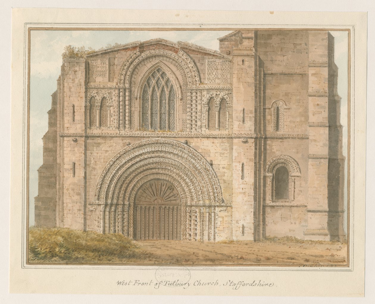 Tutbury Priory Church - West Front: akvarellmålning, 1813 av John Buckler