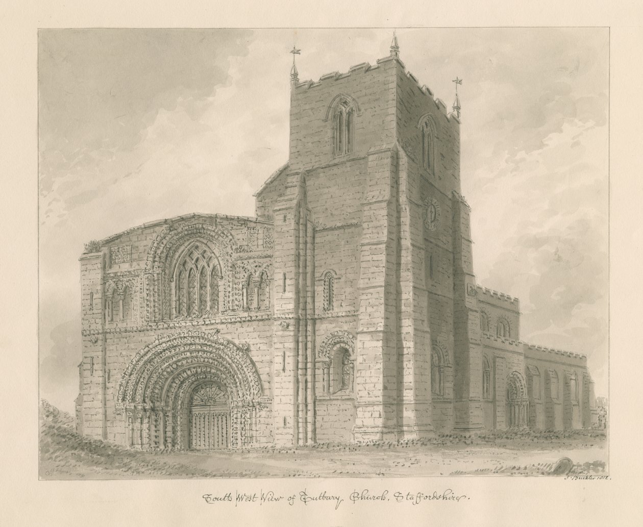 Tutbury Priory Church: sepiatvättteckning av John Buckler