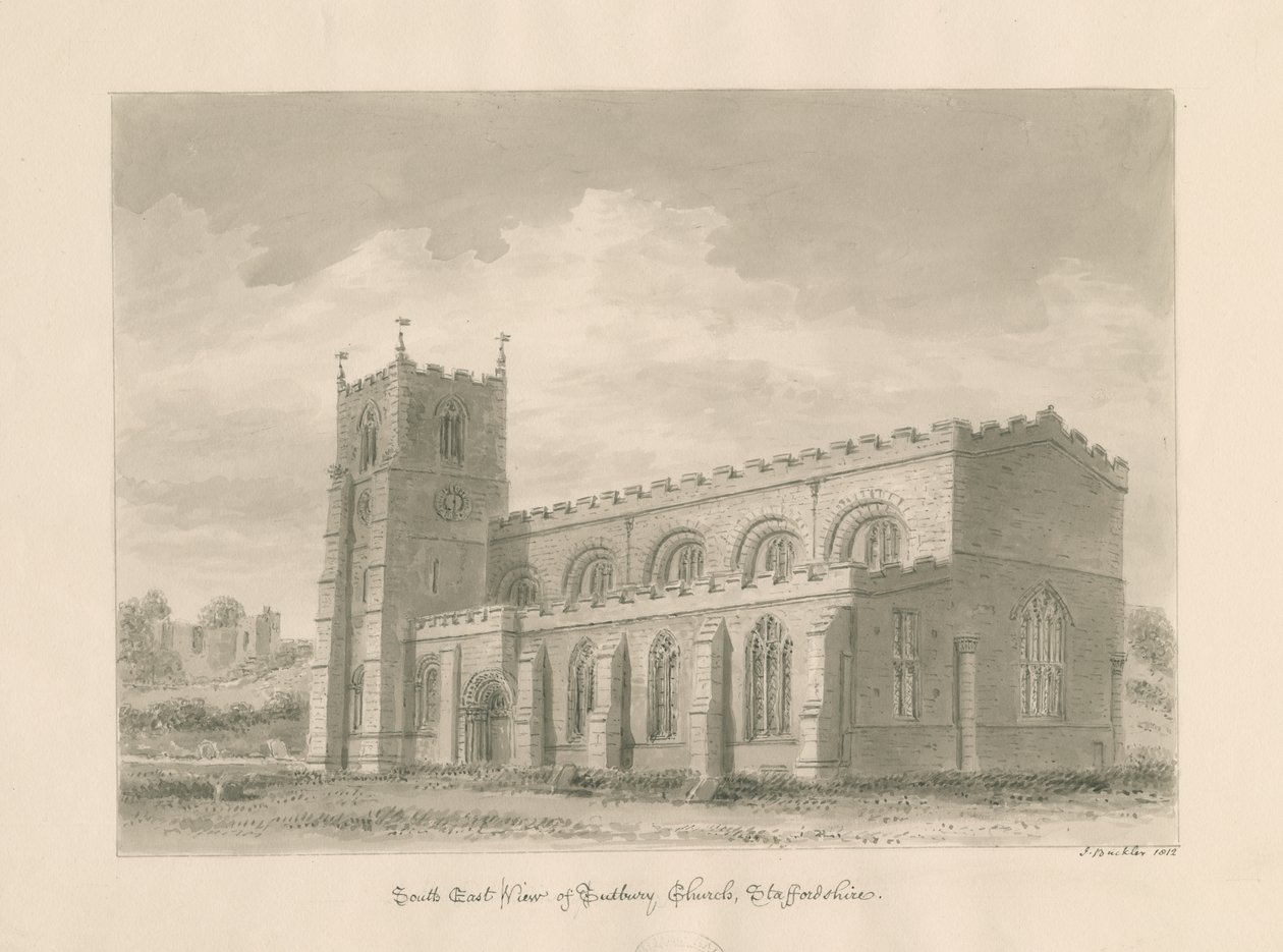 Tutbury Priory Church: sepiatvättteckning, 1812 av John Buckler