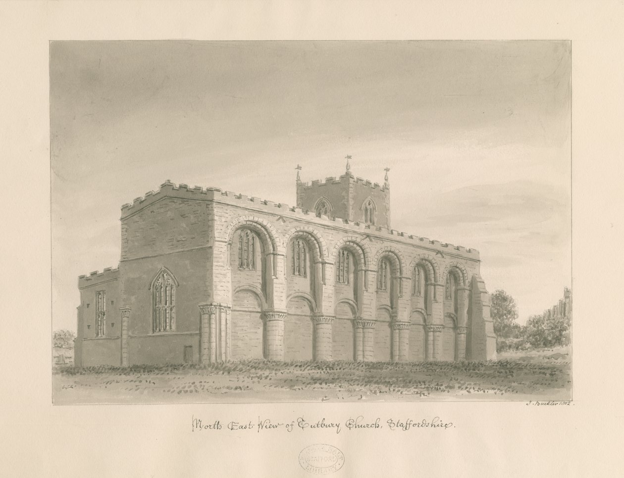 Tutbury Priory Church: sepiatvättteckning, 1812 av John Buckler
