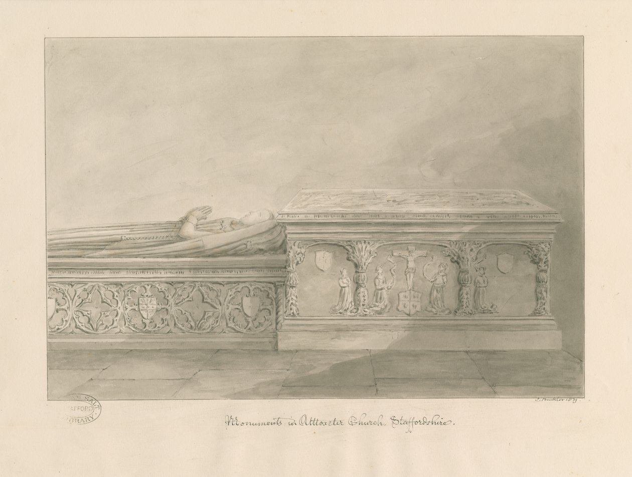 Uttoxeter Church - Tombs av Thomas Kinnersley och en kvinna: sepia tvätt ritning av John Buckler