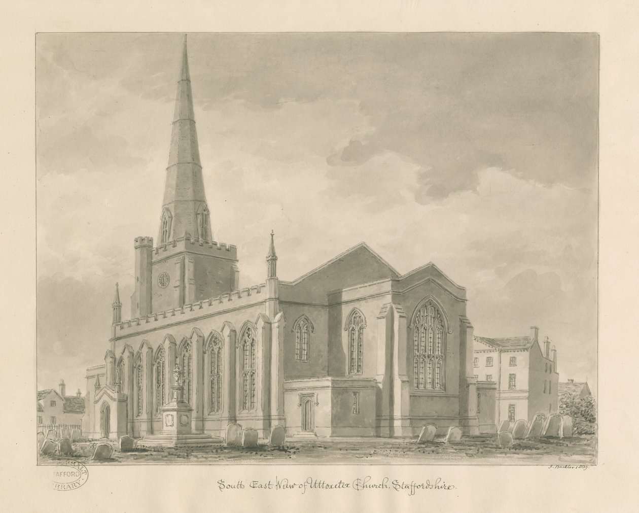 Uttoxeter kyrka [Ny]: sepia tvätt ritning av John Buckler