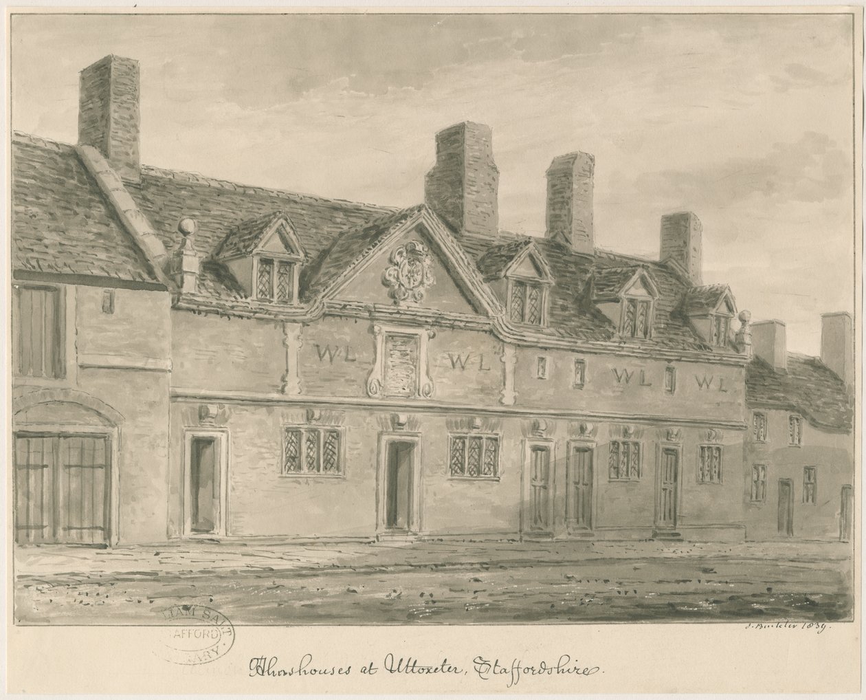 Uttoxeter Town - Almshouses: sepiatvättteckning, 1839 av John Buckler