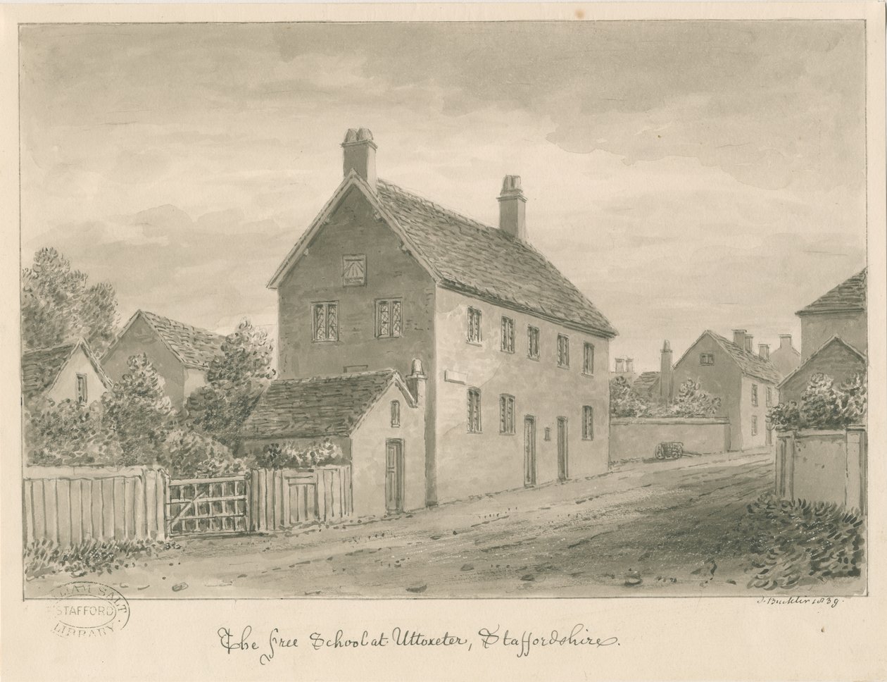 Uttoxeter Town - Free School: sepiatvättteckning av John Buckler