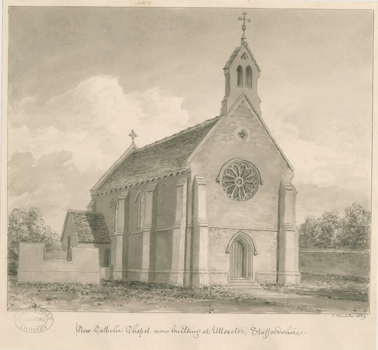 Uttoxeter Town - New Catholic Chapel: sepiateckning av John Buckler
